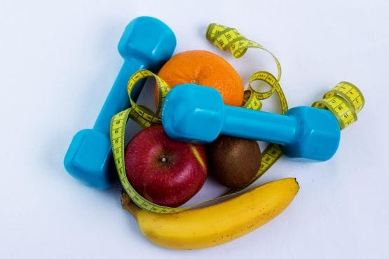 meten, fruit, oefengewichten