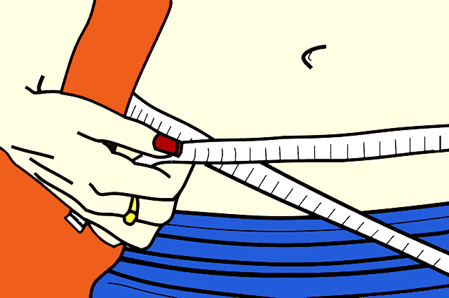 rysunek szczupłej kobiety mierzącej talię centymetrem