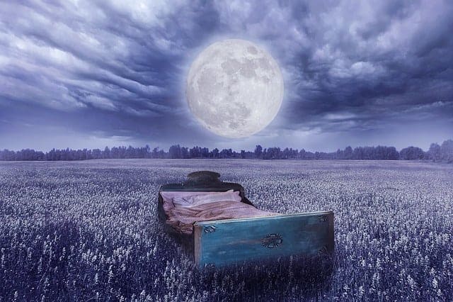 droom werkelijkheid - een bed in een weide, de volle maan