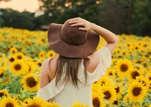  een vrouw loopt door een veld met zonnebloemen